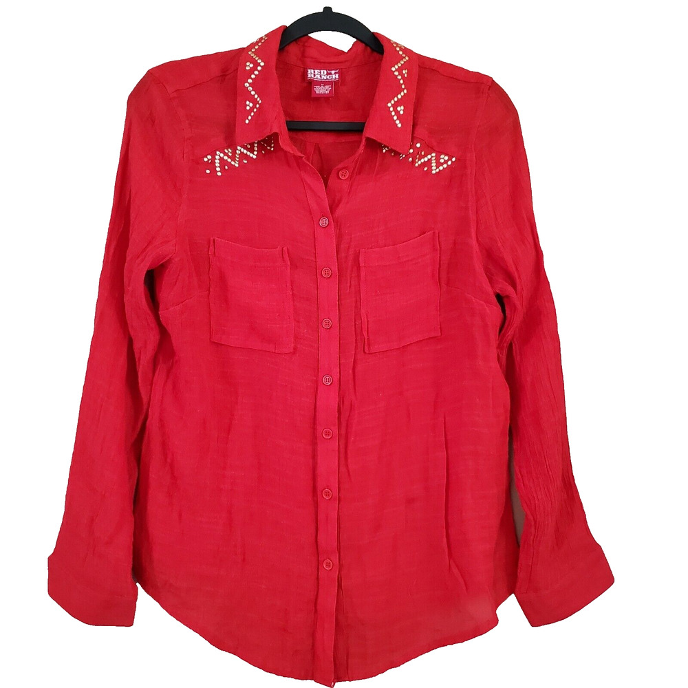 Red Ranch Womens Western Style Top Size M Red Studded Collar Gauzy Button Down